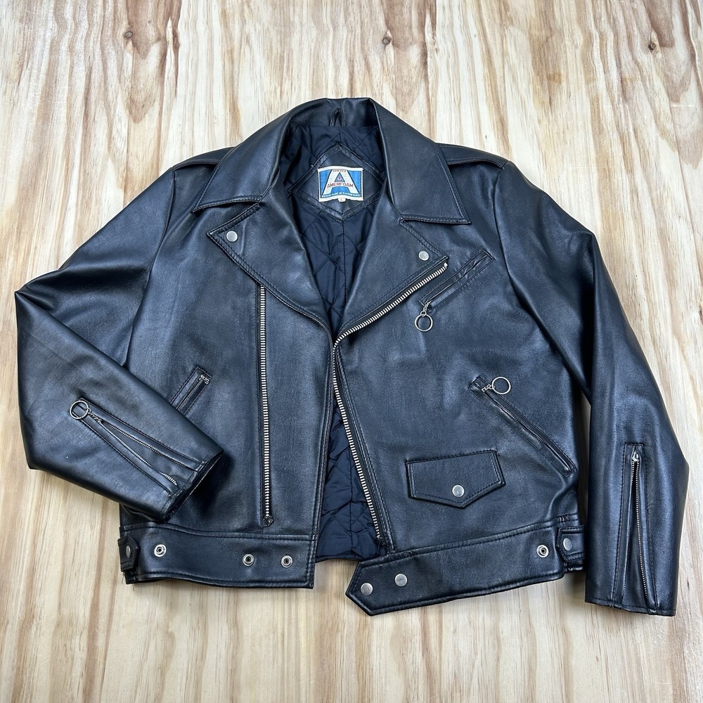 Vintage 70s Amerex Leather Women's Jacket Black Large Cropped Retro Moto